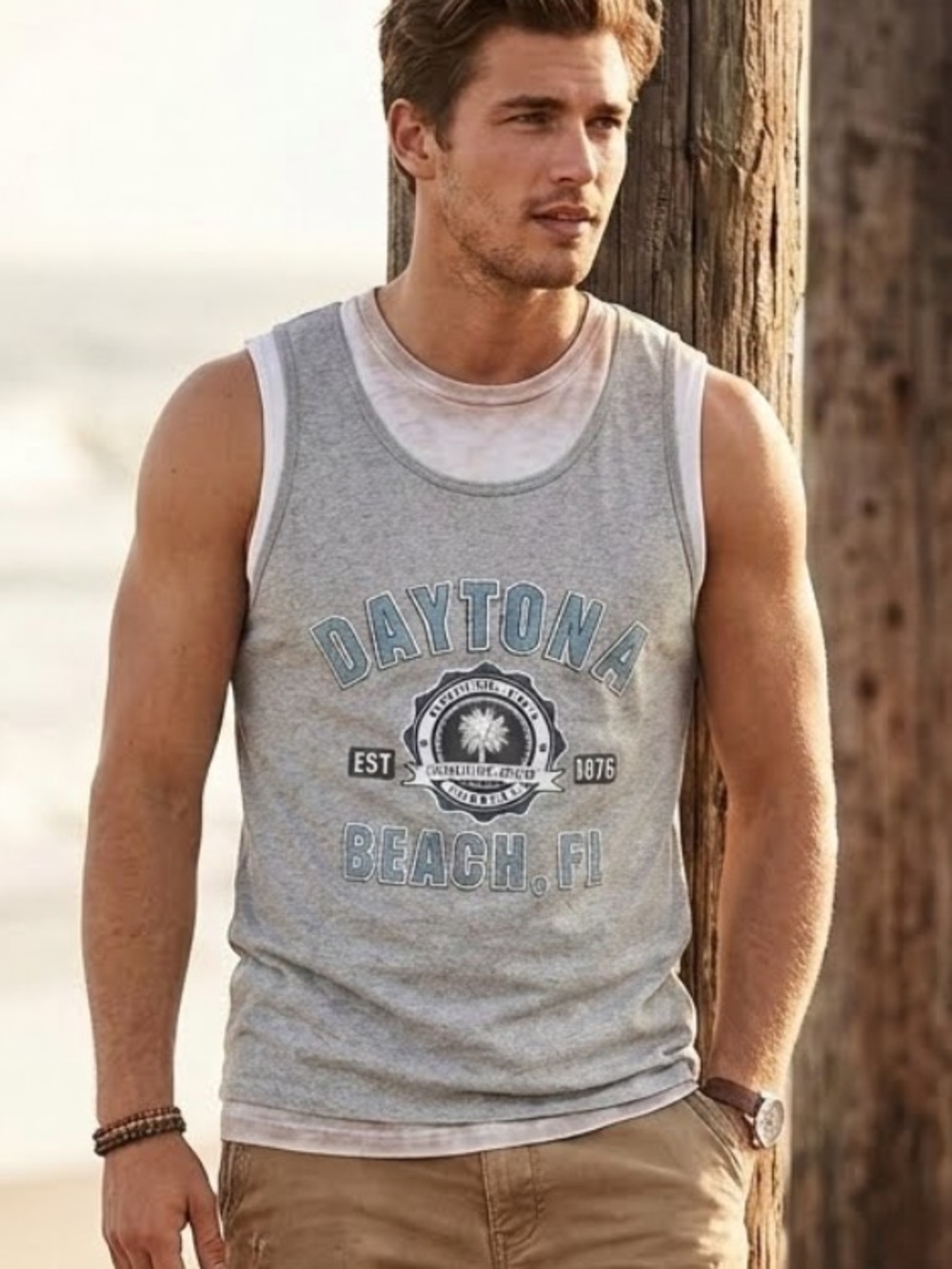 Y2K Anvil Daytona Beach Gray Tank Top Cotton Athletic Gym Workout Shirt Coastal